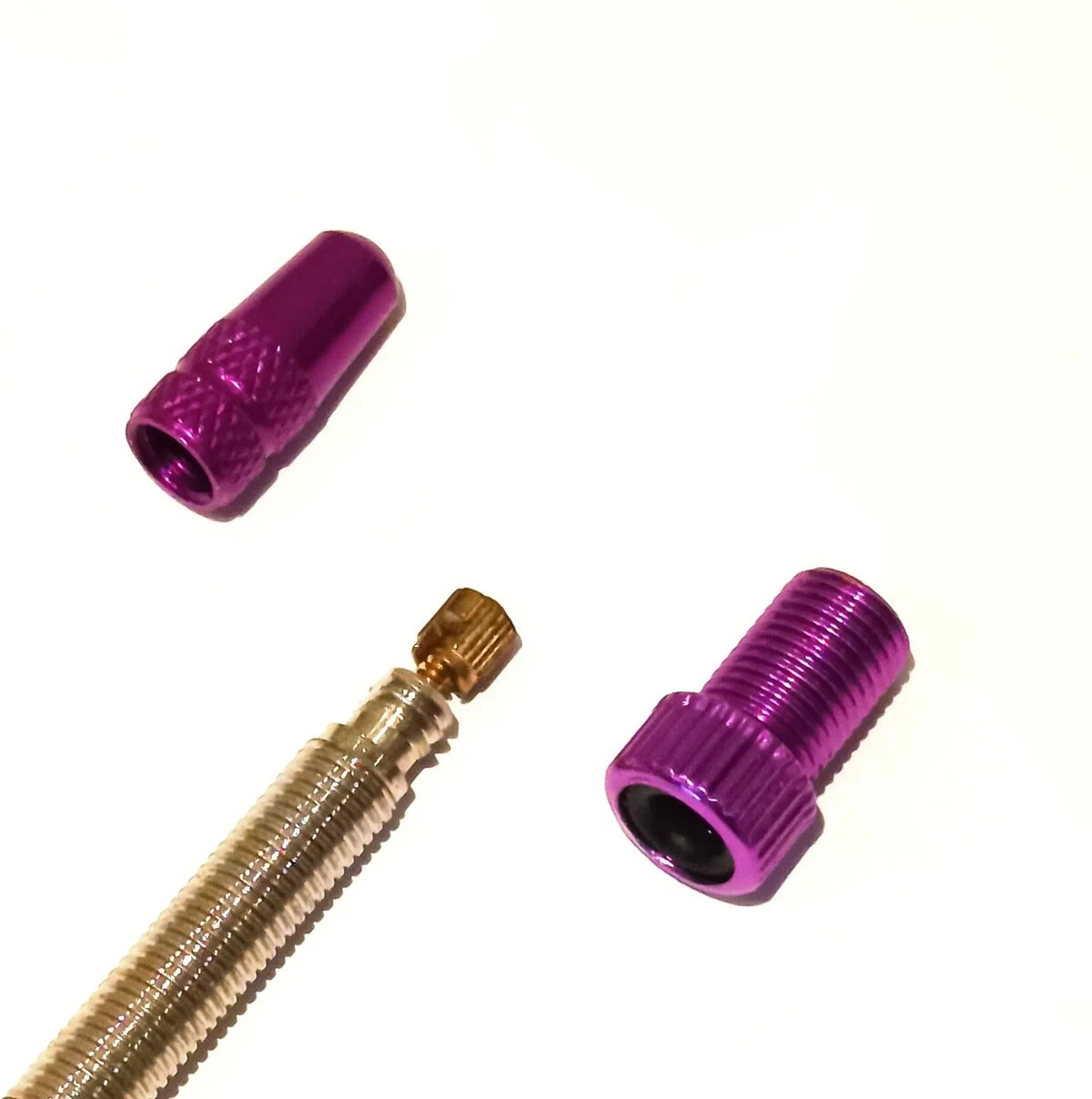 Presta Ventil Set, Ventildeckel und Pumpaufsatz, lila